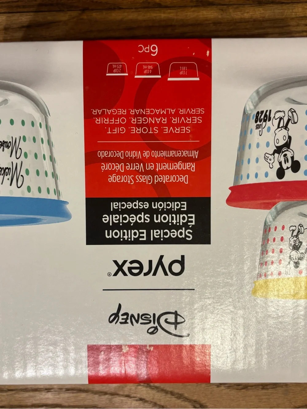 Pyrex Disney Glass Storage Bowls with Blue, Red, Yellow and Cream Lids